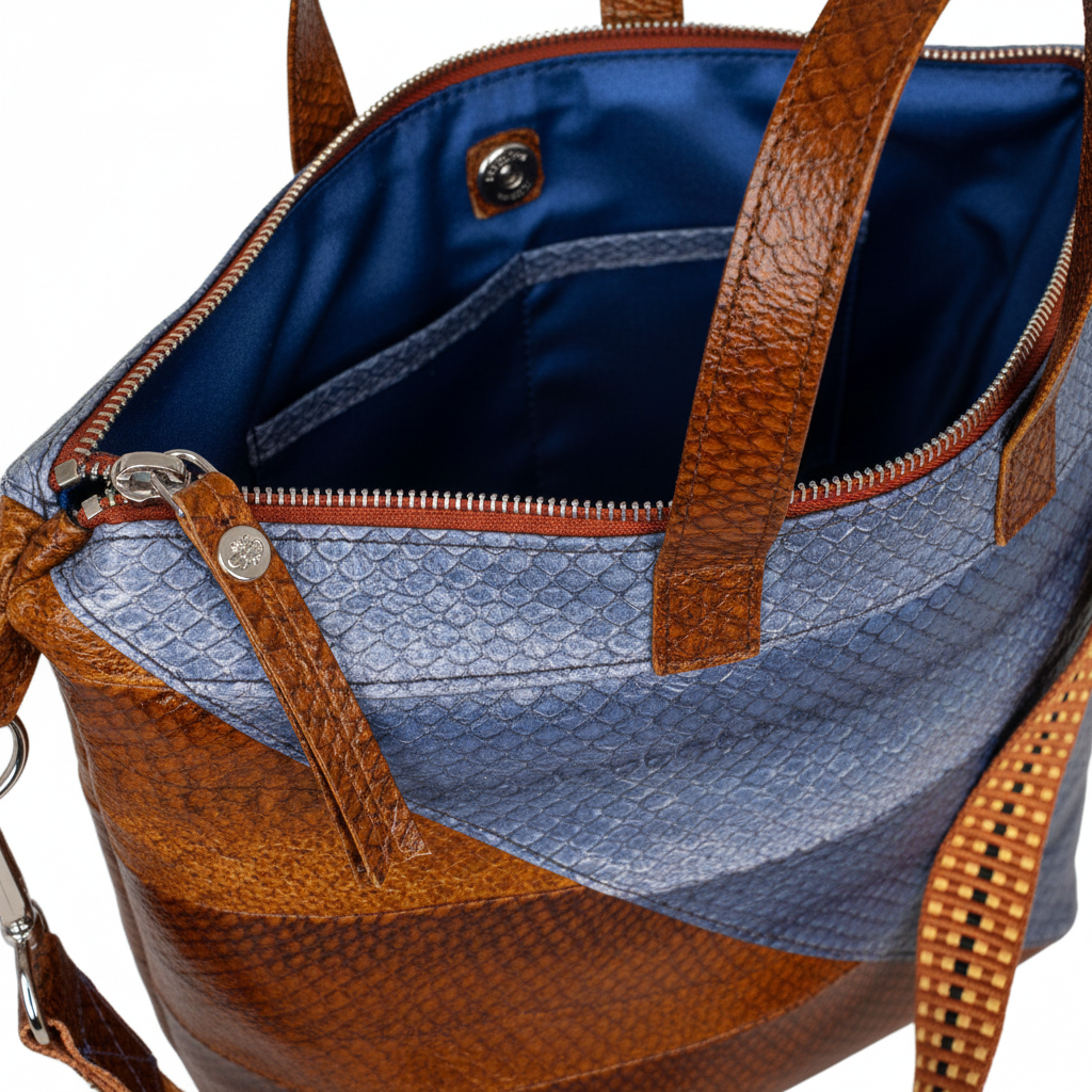 Lachsleder Damenhandtasche Brown Blue - Korrigierte Details