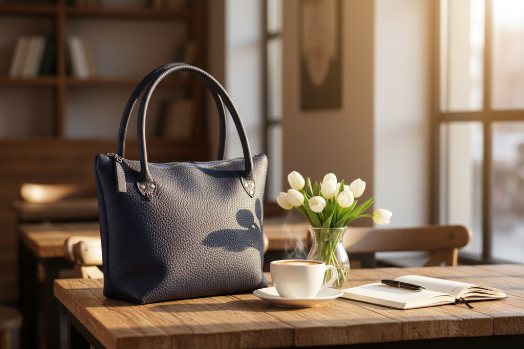 Stillleben Blaue Ledertasche Café