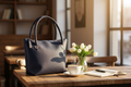 Stillleben Blaue Ledertasche Café