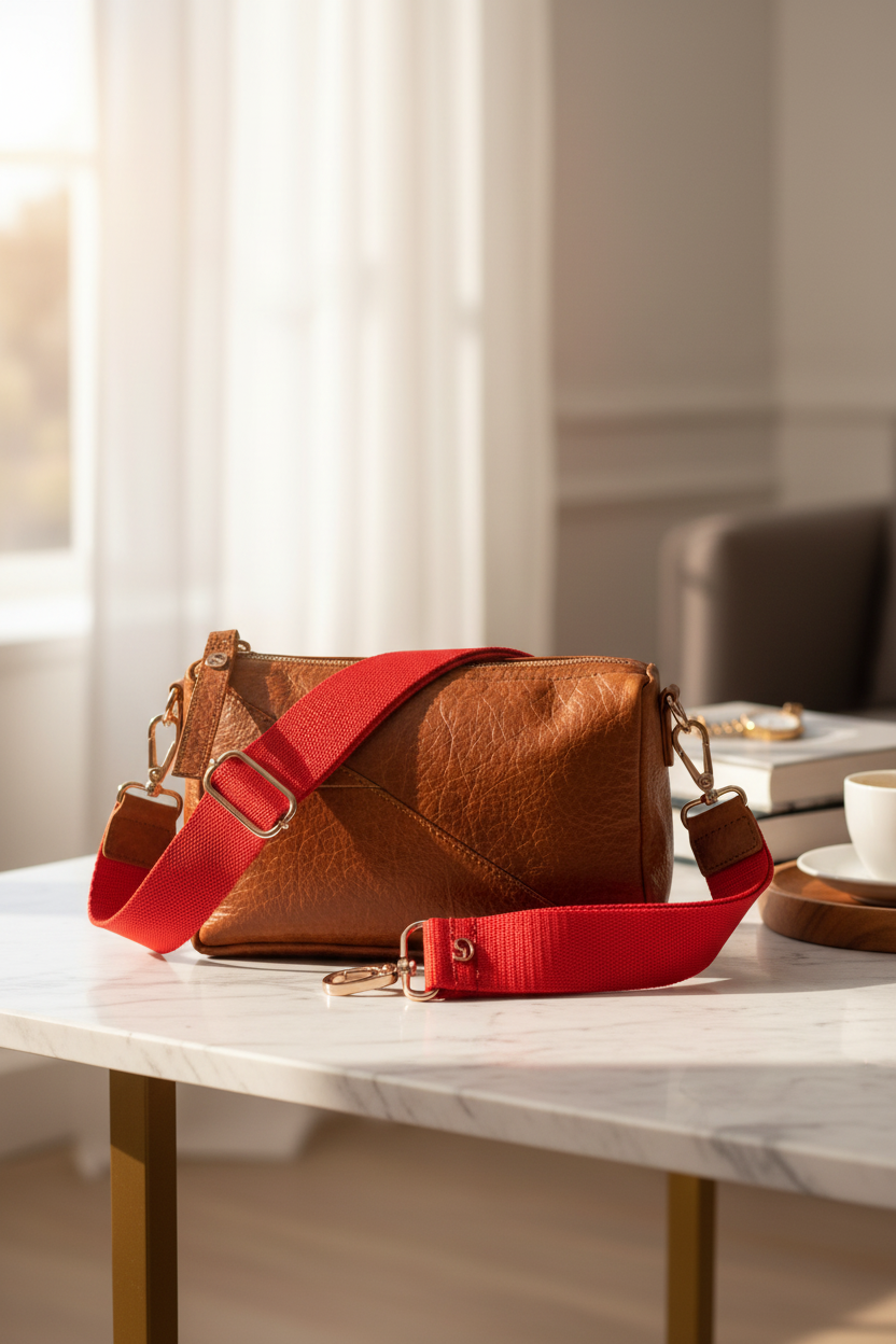 Taschengurt Elisa rot an brauner Lederhandtasche