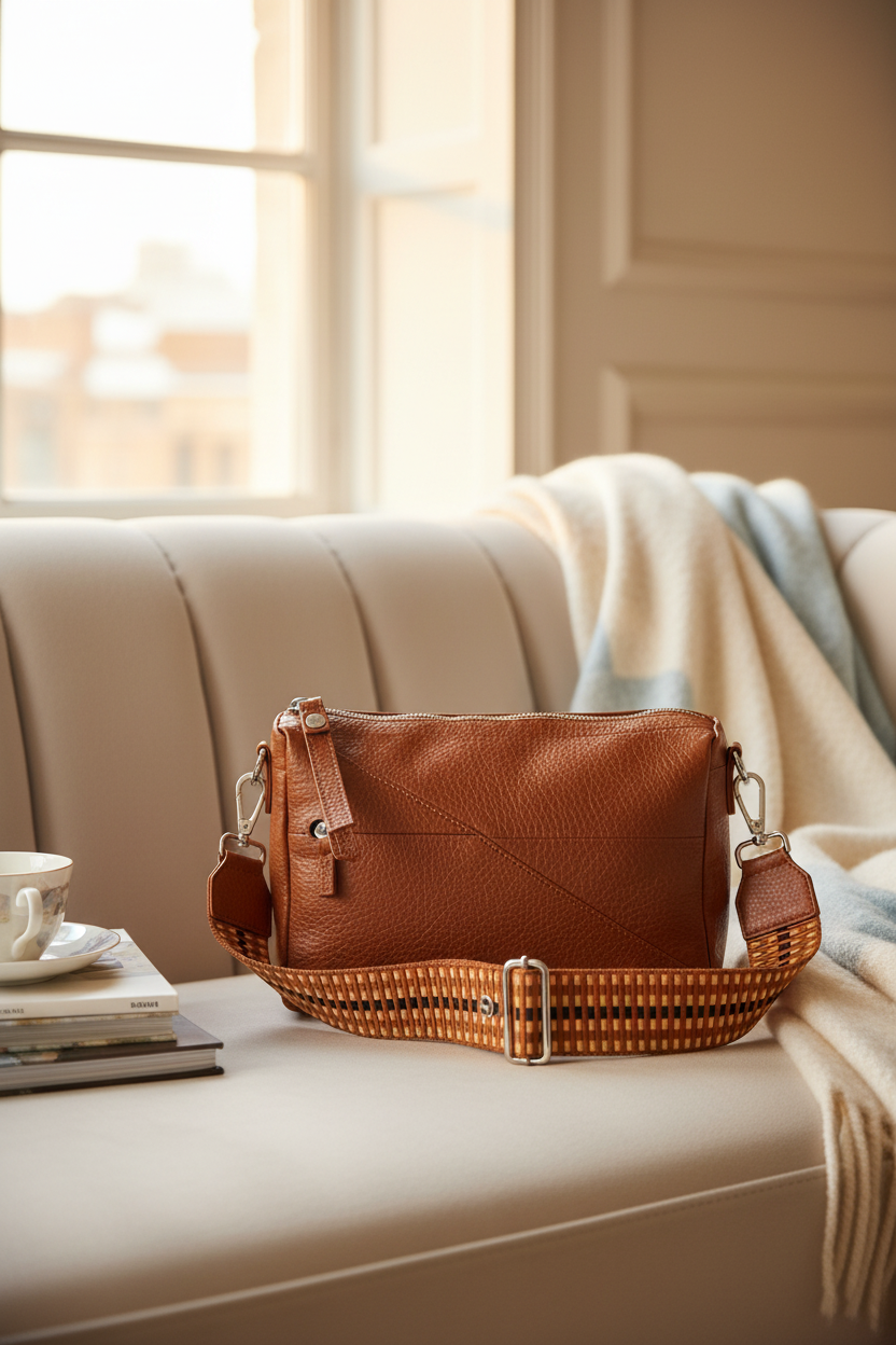 Taschengurt Sophie an brauner Lederhandtasche